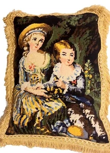 Vintage Needlepoint Pillow Decor Victorian Mother & Son Handmade 18×14" - Picture 1 of 19
