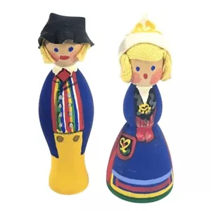 Vtg Swedish Hand-Painted Wood Dolls Set of Two Boy Girl Folk Artist Signed 3" - Picture 1 of 7