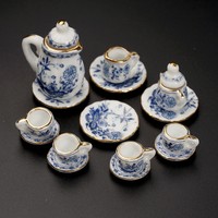 15Pcs Dining Ware Ceramic Blue Flower Set for 1:12 Dollhouse Miniatures