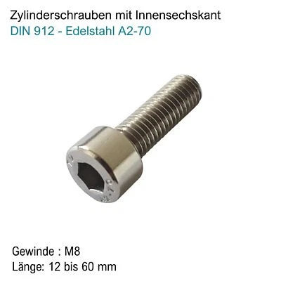 Zylinderschrauben M8 Edelstahl A2-70 DIN 912 mit Innensechskant Zylinderkopf - Bild 1 von 2