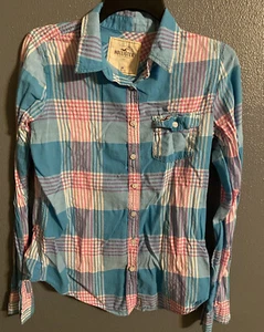 Hollister lässige Hemdbluse mit Knopfleiste Damen Medium M rosa blau langarm - Bild 1 von 5