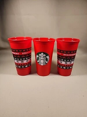 2013 Starbucks Reusable Cups Holiday Red 16 oz Plastic Material Lot of 3 - Image 1 of 4