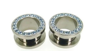 PAIR OF 000g 7/16" INCH W/ LIGHT BLUE GEM FLESH TUNNELS EARLET PLUGS 12MM - Picture 1 of 1