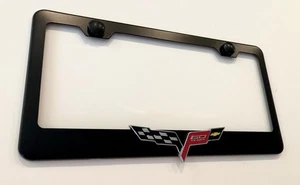 3D Corvette Emblem Matte Black Stainless Steel License Plate Frame W/ Caps - Picture 1 of 3
