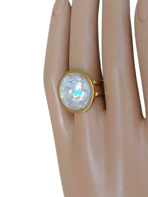Opal Ring 18mm Creamy Resin Opal; 18K GP Stainless-Steel Band Faceted - Image 1 of 4