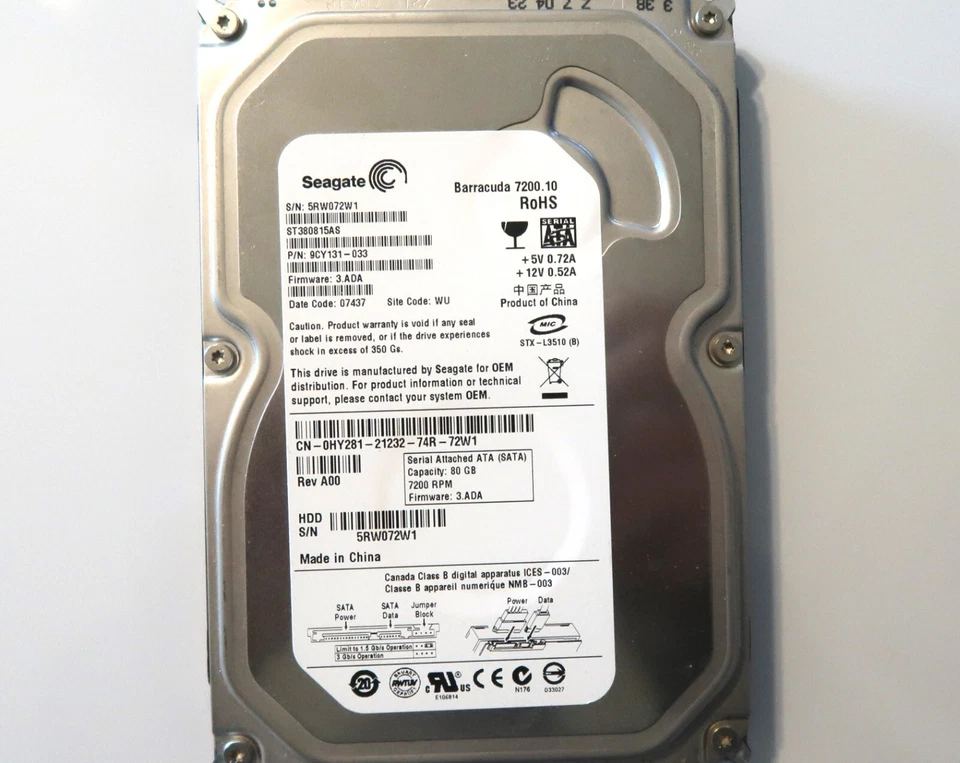 Seagate ST380815AS 9CY131-033 FW:3.ADA (5RW) WU China 80gb 3.5" Sata 07437 - Image 1 of 1