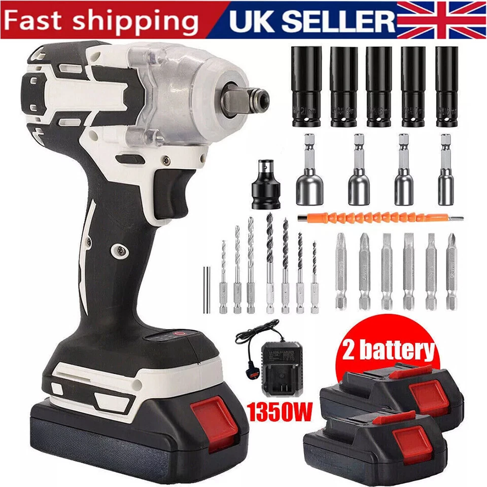 1000Nm 1/2" Cordless Electric Impact Wrench Drill Gun Ratchet Driver + 2 Battery