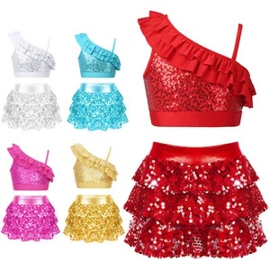 Kids Girls Sequins Dance Outfit Ruffle Dance Performance Outfit Party 2 Pieces - Picture 1 of 52