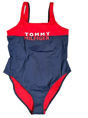 Tommy Hilfiger Badeanzug Gr. L blau rot mit Logoaufdruck (667) NEU - Bild 1 von 4