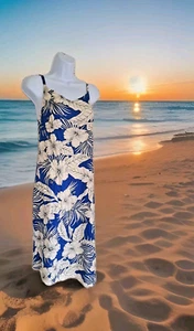 Tiki Palm Sun Dress L Blue Floral Bias Cut Hem Beach Coastal Vacation Resort NWT - Picture 1 of 12