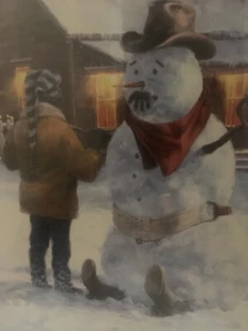 Arte enmarcado interior del hogar vintage Jack Sorenson vacaciones vaquero occidental muñeco de nieve - Imagen 1 de 10
