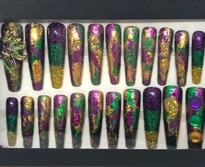 Handmade Press On Nails 2X Long New Orleans Mardi Gras Coffin Nails Metallic - Picture 1 of 7