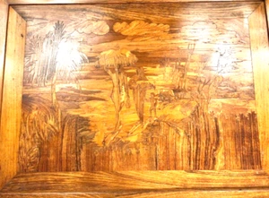 Vintage Holz Intarsien Wandbehang Volkskunst mit einheimischer Ernteszene - Bild 1 von 11