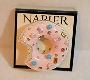 Napier Pink Enamel Donut Brooch Pin with Rhinestones & Bling NEW