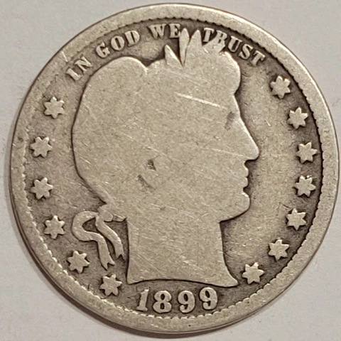 $  .25 1899 Barber Quarter Dollar Full Date Full Rims Good Condition Z3 Cover