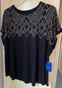 Top Apt.9 Negro Mineral Dolman Manga Corta Cuello Redondo Colorido Adornado Frontal - Imagen 1 de 6