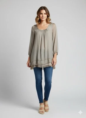 ProntoModa GIUSY 灰色丝绸透明蕾丝装饰束腰上衣,尺寸 M,意大利 — 第 1/4 张图片