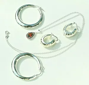 Fine Italian Sterling Silver Hoop Earrings 2 Pair, Garnet Pendant w/18" Necklace - Picture 1 of 12