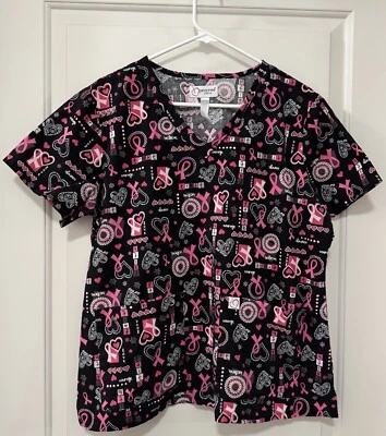 Peaches Uniforms Black Pink Breast Cancer Awareness V-Neck 2 Pocket Scrub Top XL - Image 1 of 4