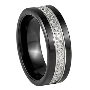 Black IP 8mm Mens Tungsten Carbide Ring Prong Set Round Cut White CZ Eternity - Picture 1 of 4