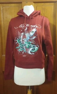 Ed Hardy Woman’s Koi Fish Hoodie New Sz M Graphic Maroon Crop Tattoo Retro Y2K - Picture 1 of 9