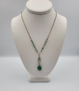 Liz Claiborne Green Stone Pendant and Bead Gold Tone Chain Necklace - Picture 1 of 10
