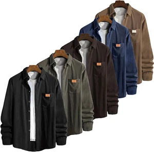 New Men's Long Sleeve Plain Letter Patched Corduroy Jacket Shirts with Pocket - Picture 1 of 14