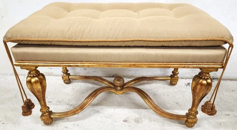 French Louis XV Bench Tufted Tassels Giltwood Gold Cover