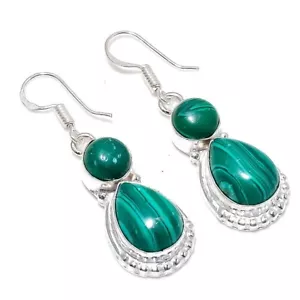 Green Malachite Gemstone Handmade 925 Sterling Silver Jewelry Earring Sz 1.7'' - Picture 1 of 1