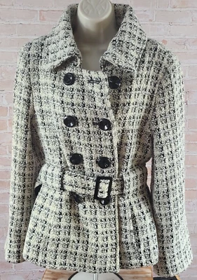 Jaqueta feminina Via Spiga mistura de lã comprimento médio forrada cinto preto/creme grande - Imagem 1 de 4