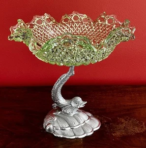 Vintage Ornate Green Glass Fruit / Sweet Bowl on Koi Fish Pedestal - Dated 1956 - Picture 1 of 23