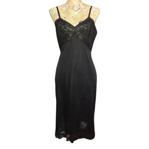 VTG 1960s Vanity Fair Slip Womens 34T Black Nylon Lace Lingerie Sissy Boudoir - Picture 1 of 13