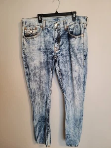 True Religion Jeans Mens 40x33 Blue Acid Wash Bleach Straight Flap Pockets - Picture 1 of 13