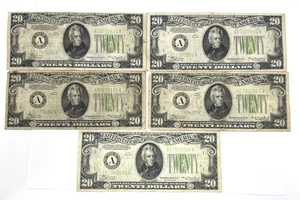 Lot 5 US 1934 $20 Federal Reserve Green Seal Banknotes F-VF Paper Currency Money - Picture 1 of 2