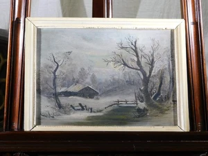 Antik um 1900 Original Öl auf Karton Schnee Bauernhof Landschaft - Bild 1 von 12