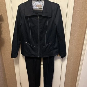 TAN JAY Navy Blue Zip Closure Blazer/Jacket & Pants Set Women Pants Suit 10 - Picture 1 of 8