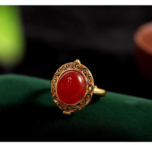 I03 Ring zum Öffnen ovaler roter Achat Silber 925 vergoldet verstellbar - Bild 1 von 5