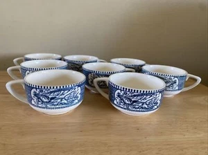 VTG Set of 8 China CURRIER & IVES Blue/White Tea Coffee Cups Horse Buggy - Picture 1 of 11