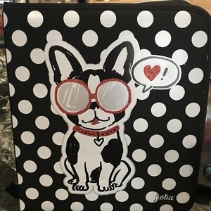 Justice French Bulldog Polka Dot Fabric Zip Binder Black White + Three Folders  - Picture 1 of 6