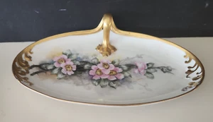 Handbemalt Limoges Frankreich Rosen Bonbon Nuss Tablett Schale Gold vergoldeter Griff Vintage - Bild 1 von 10