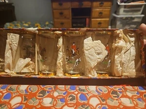 Vintage Jagdszene, Brille, 6er Set, vergoldet umrandet, Pferd, Fuchs, Foxhounds 60er Jahre - Bild 1 von 7