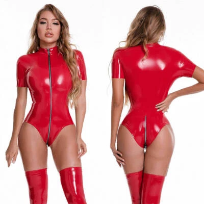 Women Wet Look PVC Leather Romper Short Sleeve Bodysuit Zipper Jumpsuit Clubwear - Image 1 of 4