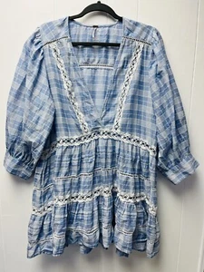 Free People M Blue Mini Dress Deep Plunge Neck Crochet Boho Y2K Gypsy Fairycore - Picture 1 of 3