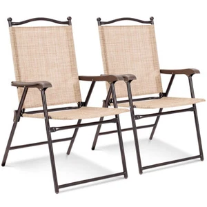 Set of 2 Patio Folding Sling Back Chairs Camping Deck Garden Beach Yellow - Picture 1 of 12