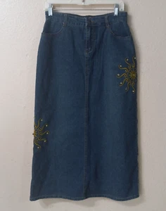 Angfu Women Denim Long Skirt A Line Sz L 30 x 34 Embroidered Midi Length 5427 - Picture 1 of 10