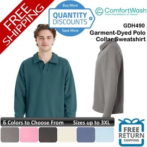 🔥 ComfortWash by Hanes Garment-Dyed Polo Collar Sweatshirt Up To 3XL GDH490 - Picture 1 of 40