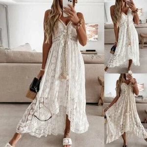 Damen Boho Spitze lang Maxikleid Damen V-Ausschnitt Sommer Urlaub Riemen Sommerkleid - Bild 1 von 14