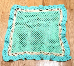 Blanket Handmade Mint Green Crochet Baby Cradle Doll Bed23 Inch Square Vintage - Picture 1 of 6