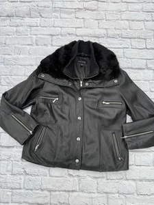 Women's Leather Lambskin ANNE KLEIN XL Fur Trim Collar Black Coat Jacket - Picture 1 of 15