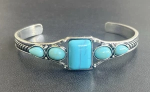 Turquoise Silver Open Bangle Cuff Bracelet Western Inspired Tribal Bohemian - Picture 1 of 5